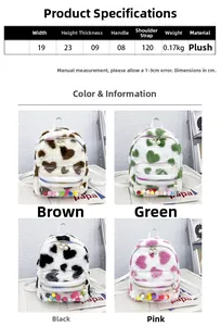 Dimensions détaillées du mini sac à dos en peluche et options de couleurs à motifs