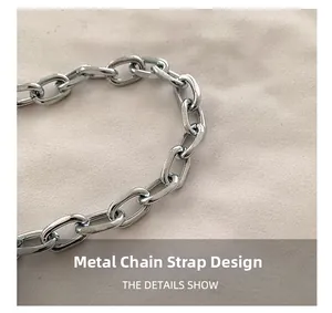 Close-up of polished silver metal chain strap with hardware link details for shoulder bag
