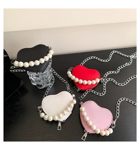 Mini sacs bandoulière en forme de cœur en cuir PU avec poignées en perles, noir, rouge et rose