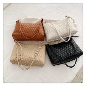 Quilted rhombus pattern shoulder bags in brown, white, beige, and black colors
