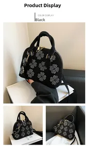 Détails du sac en daim noir avec rivets argentés et fermetures éclair dorées chic