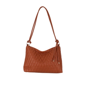 Caramel brown quilted rhombic tote bag with adjustable straps in a minimalist style