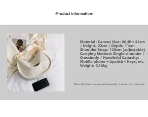 Detailed cream canvas saddle bag size chart and casual lifestyle flatlay display