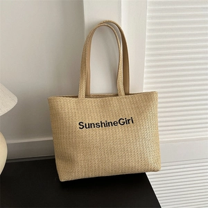 Fashion Women Large Capacity Woven Cotton Linen Tote Bag Summer Casual Sunshine Girl Letter Print Shoulder Bag For Vacation