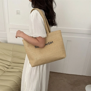 Beige woven canvas tote bag with SunneGirl lettering for large capacity casual style