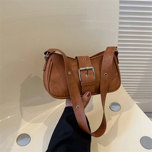 Vintage Women PU Leather Shoulder Bag Simple Square Baguette Bag With Large Metal Buckle Wide Strap Casual Commuter Handbag