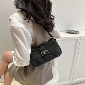 Chic black faux leather square shoulder bag with vintage metal buckle for women