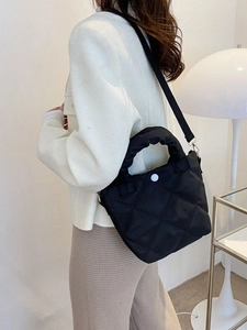 Women Minimalist Quilted Shoulder Bag Oxford Cloth Padded Handbag Casual Crossbody Bag Solid Color Fashion Small Square Bag