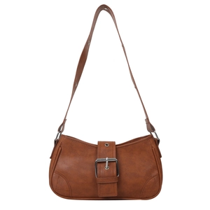 Minimalist brown faux leather square shoulder bag with silver buckle and vintage texture