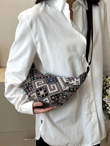 Sac à Épaule en Canevas à Motif Géométrique Style Ethnique pour Femmes Grande Capacité Sac Dumpling Tissé Rétro Quotidien