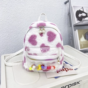 Mini Sac à Dos en Peluche Style Harajuku Imprimé Cœur Vache Sac d'École en Fausse Fourrure Avec Pendentif Künstliche Perle Poche Transparente Femme