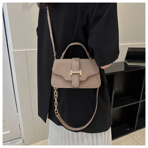 Detail of khaki square crossbody bag with gold hardware and decorative chain strap