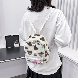 Mini sac à dos en peluche à motif cœur blanc et marron avec poche transparente et perle