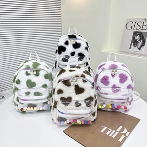 Mini sac à dos en peluche Harajuku avec motifs cœur et vache et poche en PVC transparent