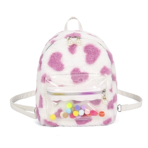 Sac à dos en peluche blanc avec cœurs roses et poche PVC transparente remplie de balles colorées