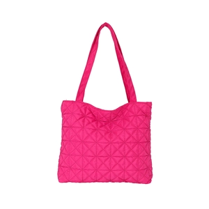 Magenta quilted tote bag with star pattern embroidery and long shoulder strap