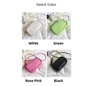 Detail showing four stylish crossbody mini bags in white, green, rose red, and black colors