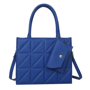 Blue quilted geometric square handbag with top handle, crossbody strap and coin purse