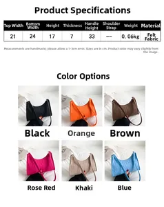 Detailed size specifications and 6-color grid of lightweight felt shoulder bags
