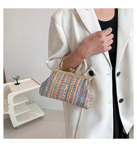 Detail of colorful woven handbag with gold metal frame and stylish chain strap