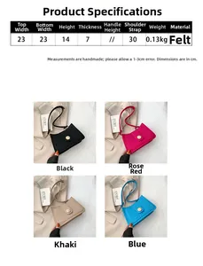 Detail showing dimension specs of felt baguette bag with gold buckle and embossed texture