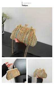 Detail view of woven shell bag in yellow with golden metal frame and chain strap