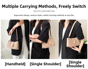 Beige faux leather underarm bag with crocodile pattern showing three carrying styles