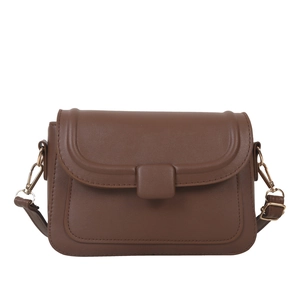 Classic brown retro small square crossbody bag with gold hardware on white background