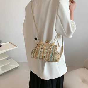 Colorful woven chain shell bag with gold metal frame and spherical clasp for women