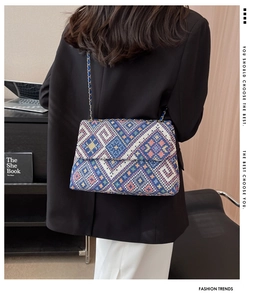 Close-up of ethnic geometric pattern woven shoulder bag with elegant metal chain strap