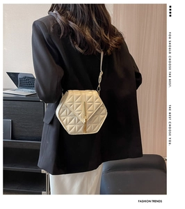 Close-up of beige quilted hexagonal crossbody bag with elegant gold tassel hardware detail