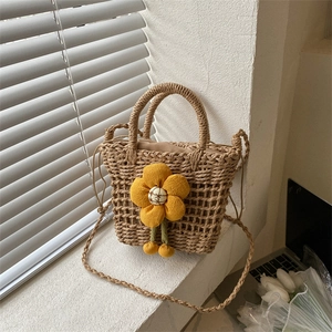 Summer Straw Woven Bucket Bag Handwoven Hollow Out Beach Bag For Women Sunflower Decor Drawstring Shoulder Handbag Vacation