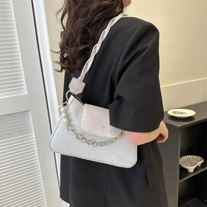Elegant cream white floral textured shoulder bag with pearl strap and embossed finish