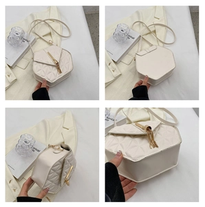 Detailed views of a white hexagonal crossbody bag with quilted pattern and gold tassel