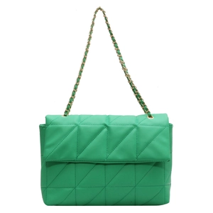 Borsa a tracolla trapuntata verde in similpelle con catena dorata su sfondo bianco puro