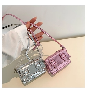 Pink and silver mini satchels with metallic finish and decorative acrylic chains