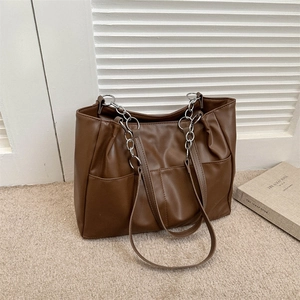 Women Large Capacity PU Leather Tote Bag Minimalist Shoulder Bag With Metal Chain Strap And Front Pockets Casual Satchel