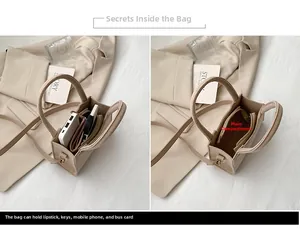 Detail view of small beige felt crossbody bag interior showing storage space for daily items