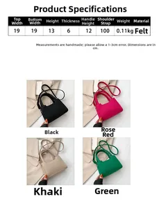 Detailed size guide and color options for the minimalist felt crossbody handbag