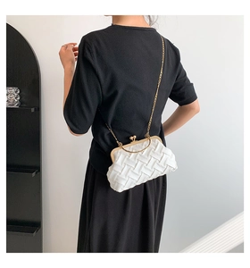 Close-up of white woven shell bag with gold clasp and chain strap on a model