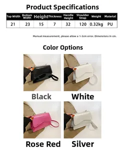 Size chart showing PU leather shoulder bag dimensions 23x15x7cm in four color options