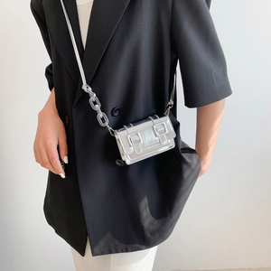 Mini silver metallic satchel bag for women with dual square buckles and mirror finish
