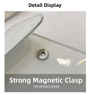 Detail of a white patent leather bag showing a strong metal magnetic closure component