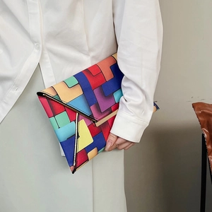 Colorful geometric checkered envelope clutch bag with gold trim for trendy women