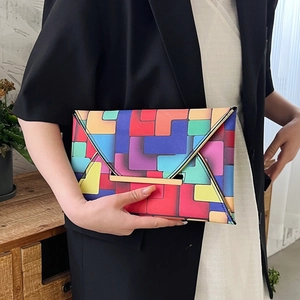 Colorful geometric patchwork envelope clutch bag with gold metallic clasp for women