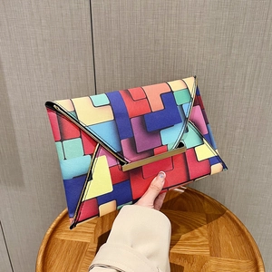 Fashionable geometric color-block envelope clutch bag with trendy plaid pattern and gold buckle