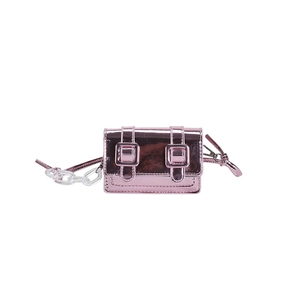 Pink metallic mini Cambridge crossbody bag with decorative buckles and acrylic chain