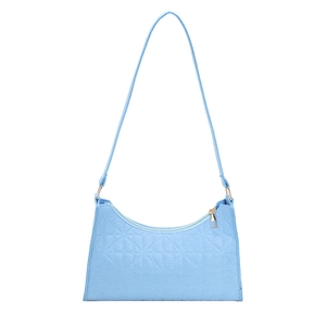 Light blue faux leather underarm bag with geometric embossed pattern and gold hardware