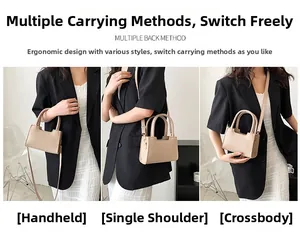 Three-way carry demonstration showing beige felt tote with adjustable shoulder strap