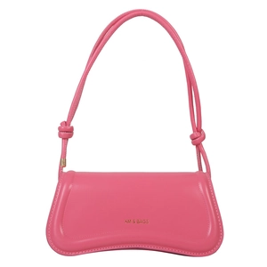 Pink minimalist rectangular underarm shoulder bag with curved base and gold logo